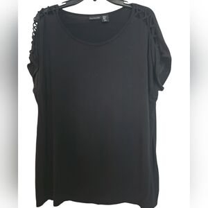 Tahari Black Short Dolman Sleeve Top Open Criss-Cross Woven ShoulderDetail SZ XL